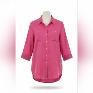 Chico's No Iron 100% Linen Button Up Shirt SZ 2/L/12 Hot Pink 3/4 Sleeves